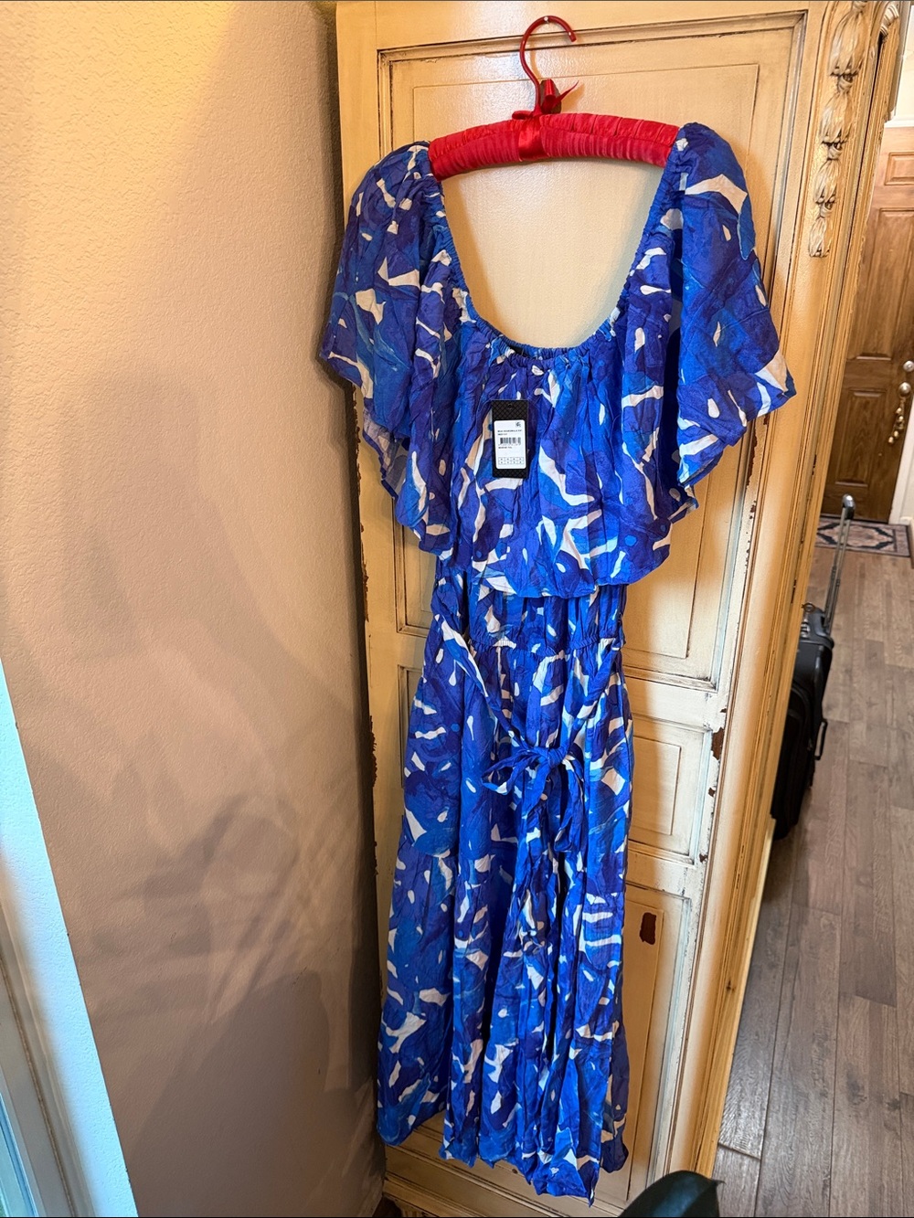 City Chic Blue & White Printed Off Shoulder Maxi Dress with Ruffle Yoke